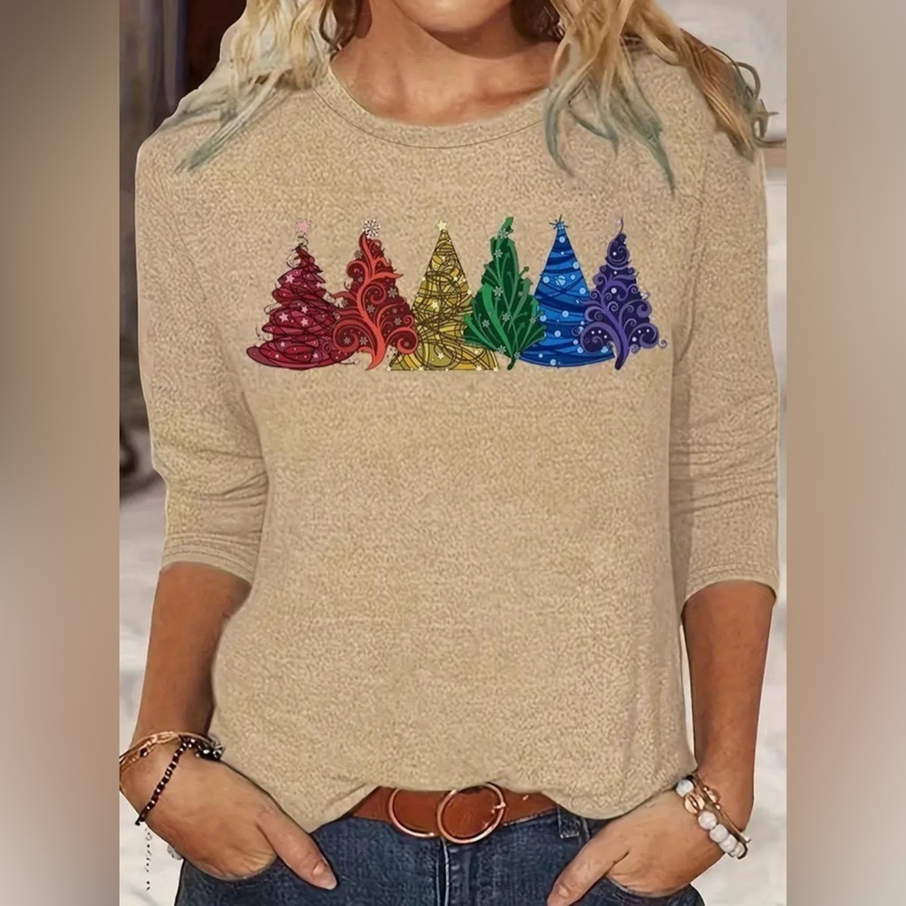 Christmas Festive Round Neck Stretch Pull-over Top XXL beige Christmas treeprint